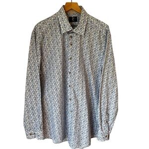 R2 Amsterdam White Graphic Blue Dot Mens Button Up Top- Modern Fit- Size 2XL